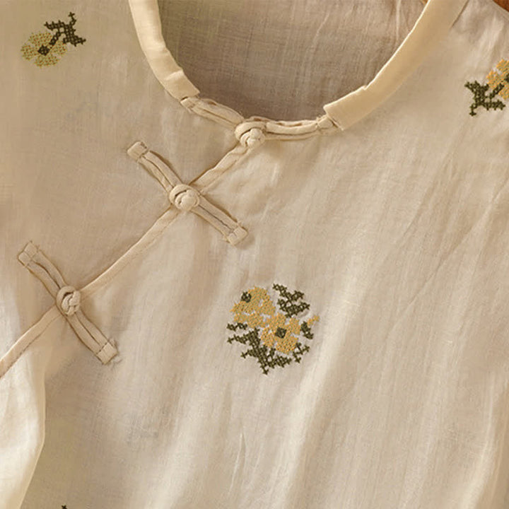 Buddha Stones Summer Casual Tang Style Mandarin Collar Embroidery Floral Tank Top Women's Sleeveless Shirts - image 4