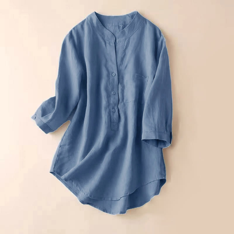 Buddha Stones Casual Women's V-neck Three Quarter Sleeve Design Plain Cotton Linen Shirt - LightSteelBlue - US12，UK/AU16，EU44 (3XL) - image 0