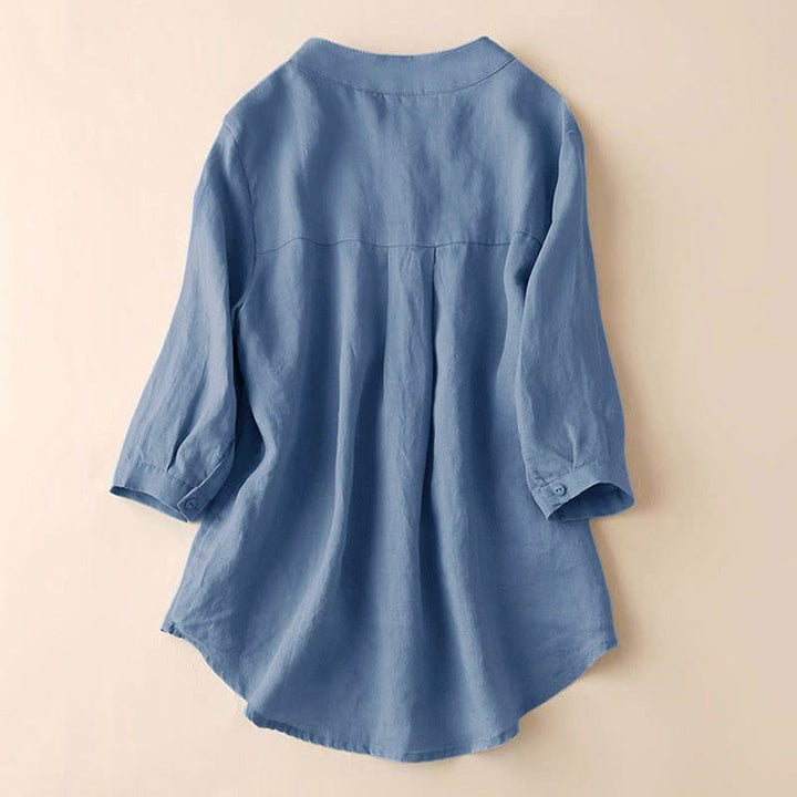 Buddha Stones Casual Women's V-neck Three Quarter Sleeve Design Plain Cotton Linen Shirt - image 2