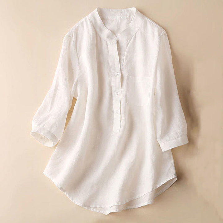 Buddha Stones Casual Women's V-neck Three Quarter Sleeve Design Plain Cotton Linen Shirt - White - US12，UK/AU16，EU44 (3XL) - image 12