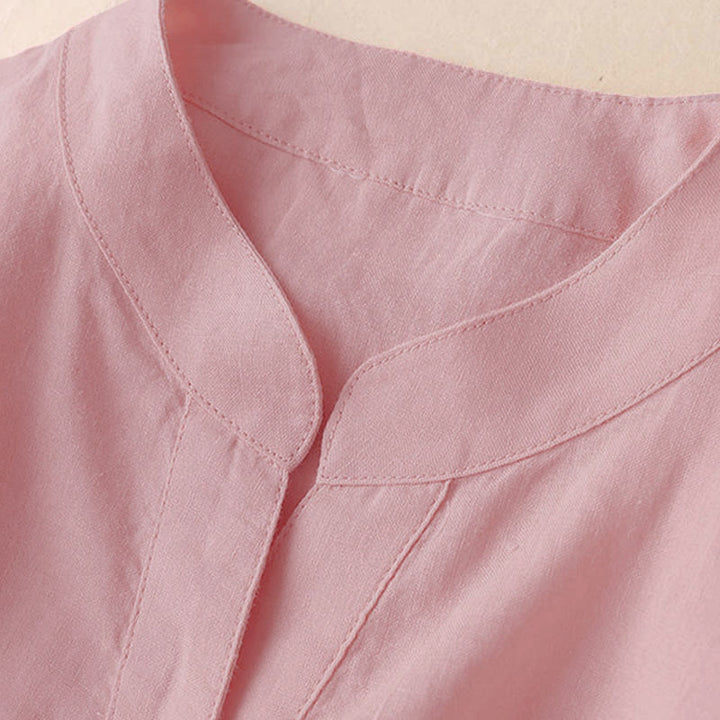 Buddha Stones Casual Women's V-neck Three Quarter Sleeve Design Plain Cotton Linen Shirt - image 8
