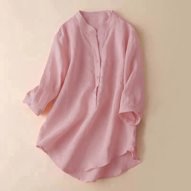 Buddha Stones Casual Women's V-neck Three Quarter Sleeve Design Plain Cotton Linen Shirt - 	Salmon - US12，UK/AU16，EU44 (3XL) - image 7