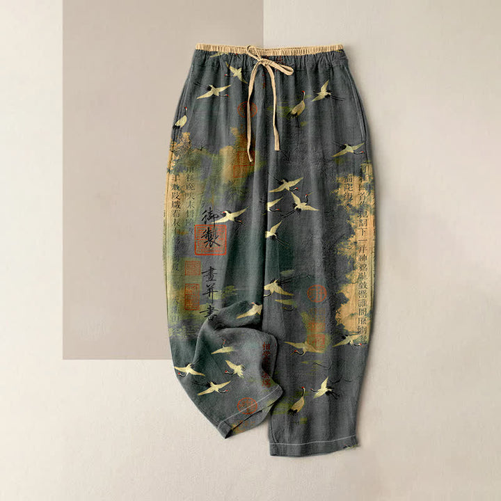 Buddha Stones Pure Cotton Vintage Crane Calligraphy Pattern Women's Elastic Waist Pants With Pockets - SlateGray - US16，UK/AU20，EU48 (3XL) - image 3