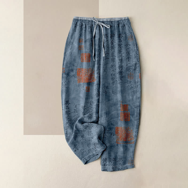 Buddha Stones Pure Cotton Vintage Calligraphy Seal Pattern Women's Elastic Waist Pants With Pockets - SteelBlue - US16，UK/AU20，EU48 (3XL) - image 3