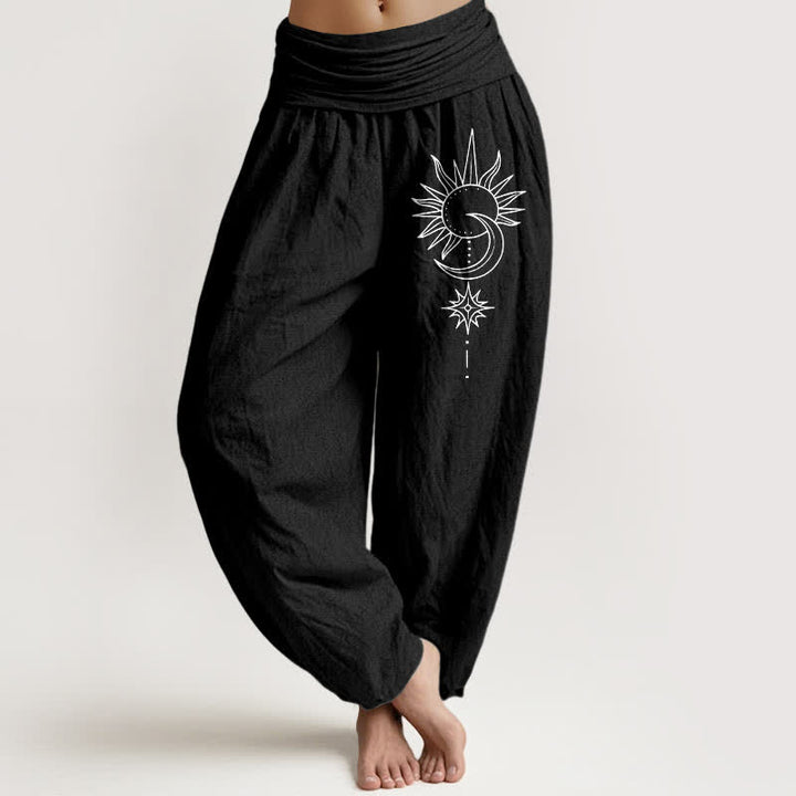 Buddha Stones Pure Cotton Sun Moon Stars Pattern Women's Elastic Waist Harem Pants - Black - US16，UK/AU20，EU48 (3XL) - image 5