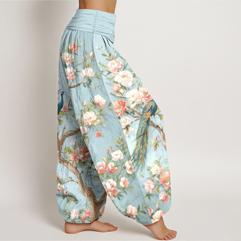Buddha Stones Cotton Peacock Blossom Pattern Women's Elastic Waist Harem Pants - image 1