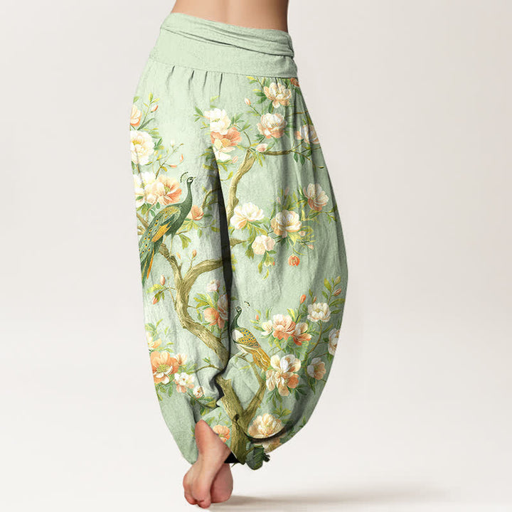 Buddha Stones Cotton Peacock Blossom Pattern Women's Elastic Waist Harem Pants - image 10