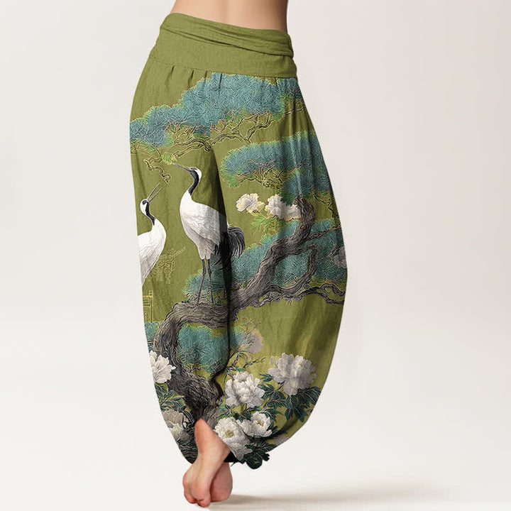 Buddha Stones Cotton Crane Blossom Pattern Women's Elastic Waist Harem Pants - image 7