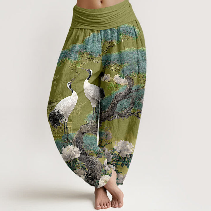 Buddha Stones Cotton Crane Blossom Pattern Women's Elastic Waist Harem Pants - OliveDrab - US16，UK/AU20，EU48 (3XL) - image 5
