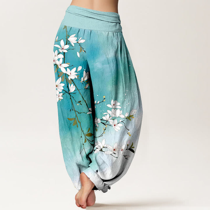 Buddha Stones Pure Cotton White Magnolia Branch Pattern Women's Elastic Waist Harem Pants - image 2