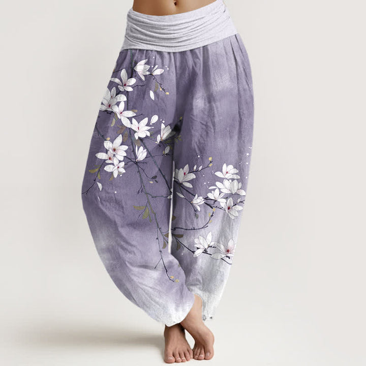 Buddha Stones Pure Cotton White Magnolia Branch Pattern Women's Elastic Waist Harem Pants - Lavender - US16，UK/AU20，EU48 (3XL) - image 5