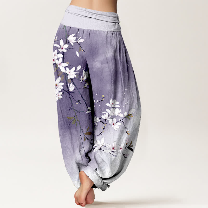 Buddha Stones Pure Cotton White Magnolia Branch Pattern Women's Elastic Waist Harem Pants - image 7