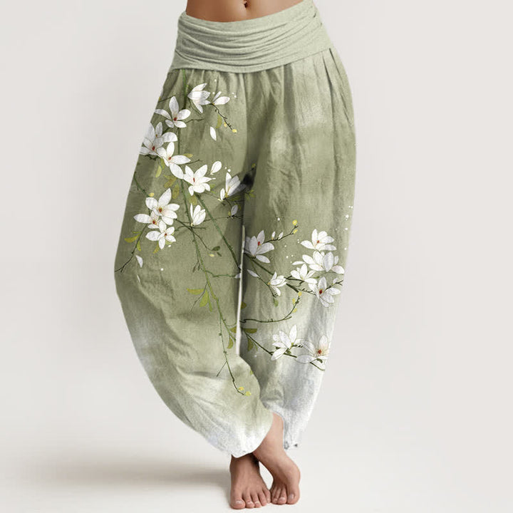 Buddha Stones Pure Cotton White Magnolia Branch Pattern Women's Elastic Waist Harem Pants - Olive - US16，UK/AU20，EU48 (3XL) - image 8