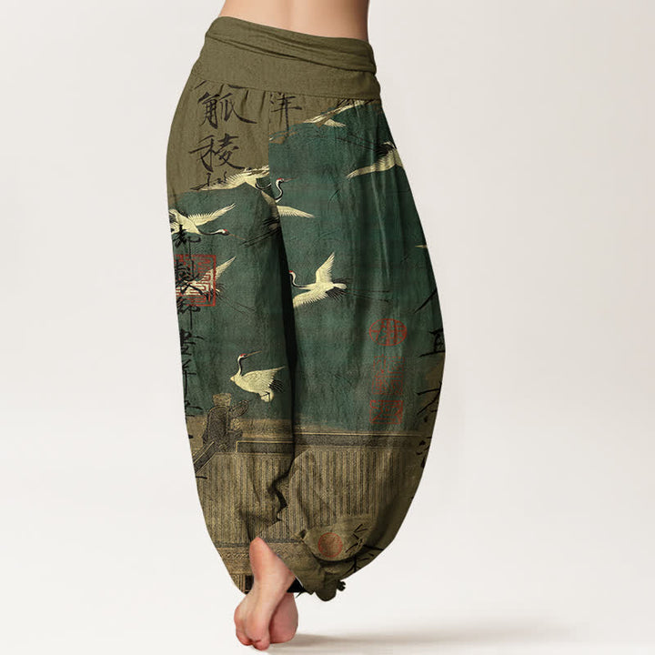 Buddha Stones Cotton Flying Crane Seal Pattern Women's Elastic Waist Harem Pants - image 2