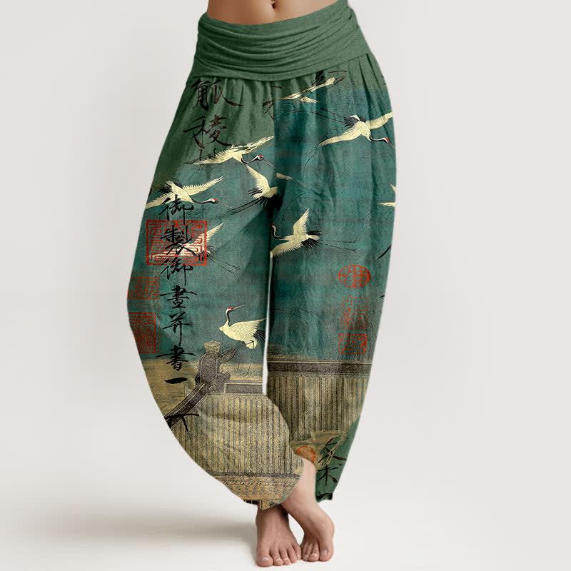 Buddha Stones Cotton Flying Crane Seal Pattern Women's Elastic Waist Harem Pants - MediumSeaGreen - US16，UK/AU20，EU48 (3XL) - image 5