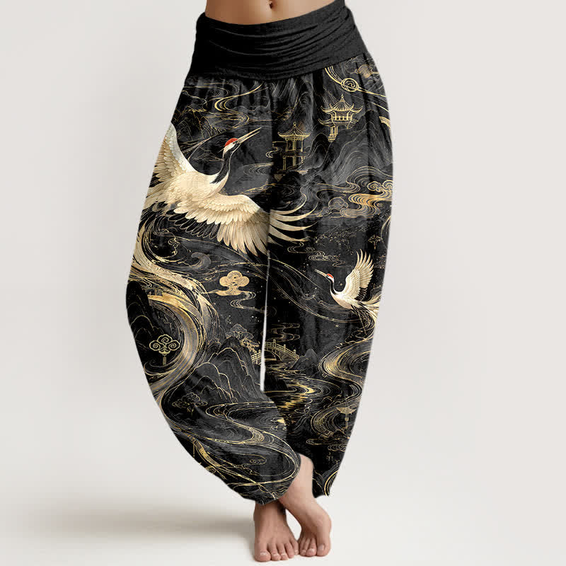 Buddha Stones Cotton Flying Crane Wave Pattern Women's Elastic Waist Harem Pants - Black - US16，UK/AU20，EU48 (3XL) - image 5