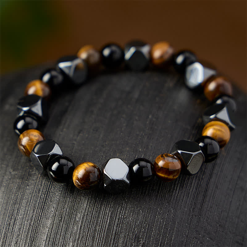 Buddha Stones Black Obsidian Tiger Eye Hematite Faceted Protection Bracelet - image 2