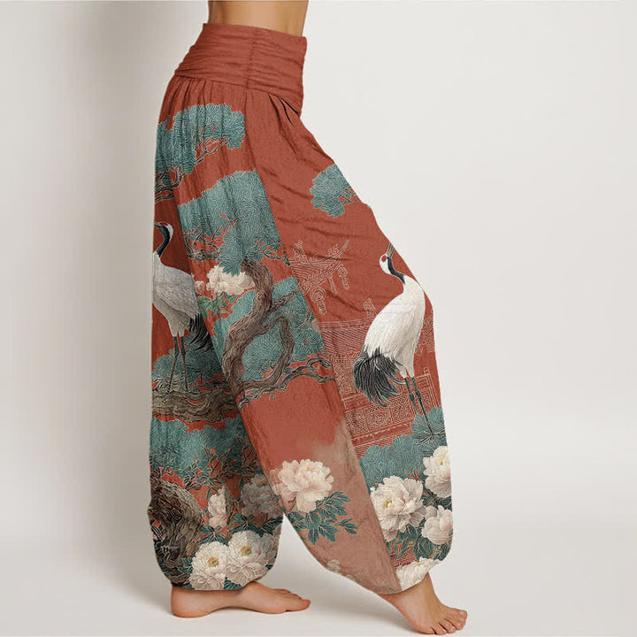 Buddha Stones Cotton Crane Blossom Pattern Women's Elastic Waist Harem Pants - image 9