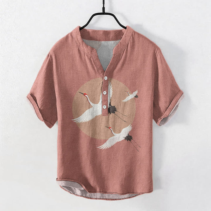 Buddha Stones Cotton Red Crown Crane Pattern Men's Short Sleeve Half Button Shirt - LightCoral - US/UK/AU50，EU60 (5XL) - image 0