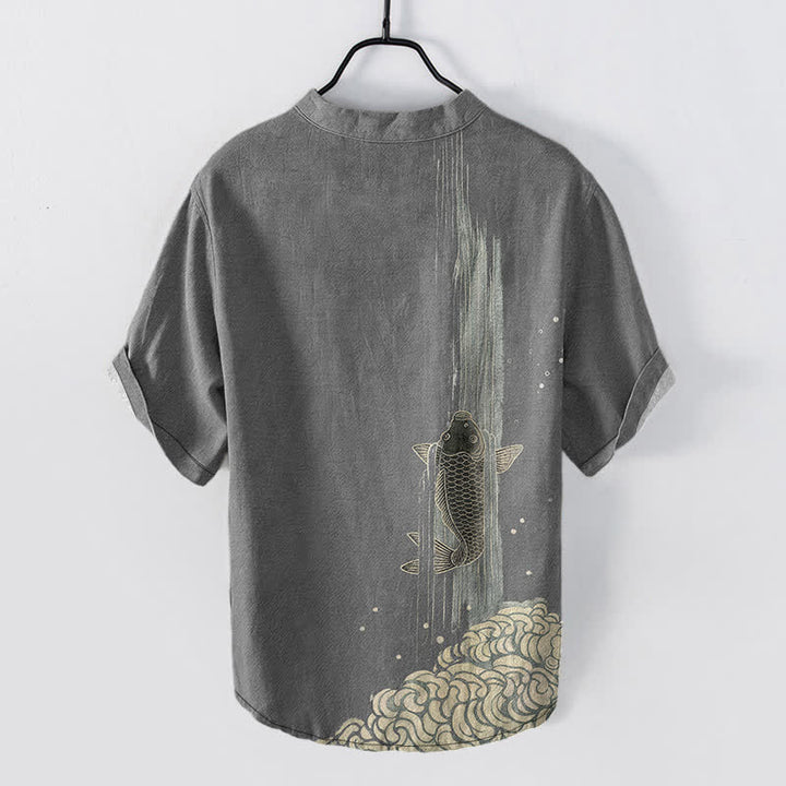 Buddha Stones Cotton Koi Fish Water Ripple Pattern Men's Short Sleeve Half Button Shirt - image 6