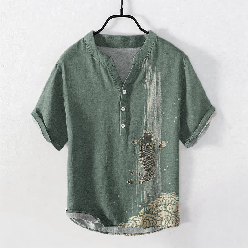 Buddha Stones Cotton Koi Fish Water Ripple Pattern Men's Short Sleeve Half Button Shirt - DarkSeaGreen - US/UK/AU50，EU60 (5XL) - image 0
