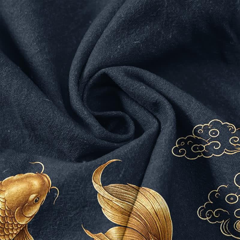 Buddha Stones Cotton Golden Koi Fish Pattern Men's Short Sleeve Half Button Shirt - image 4