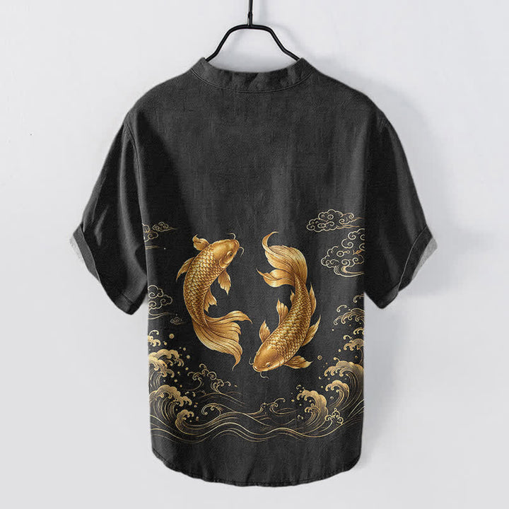 Buddha Stones Cotton Golden Koi Fish Pattern Men's Short Sleeve Half Button Shirt - image 6