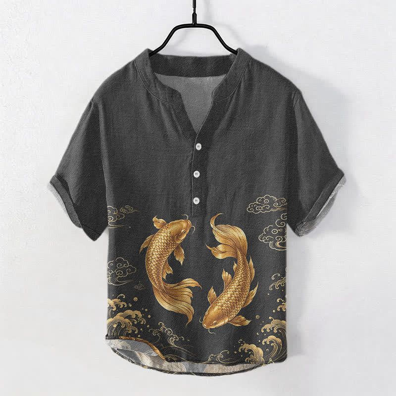Buddha Stones Cotton Golden Koi Fish Pattern Men's Short Sleeve Half Button Shirt - Black - US/UK/AU50，EU60 (5XL) - image 5