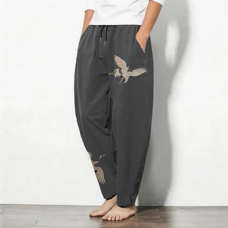 Buddha Stones Pure Cotton Twin Crane Pattern Drawstring Men's Tapered Pants With Pockets - image 1