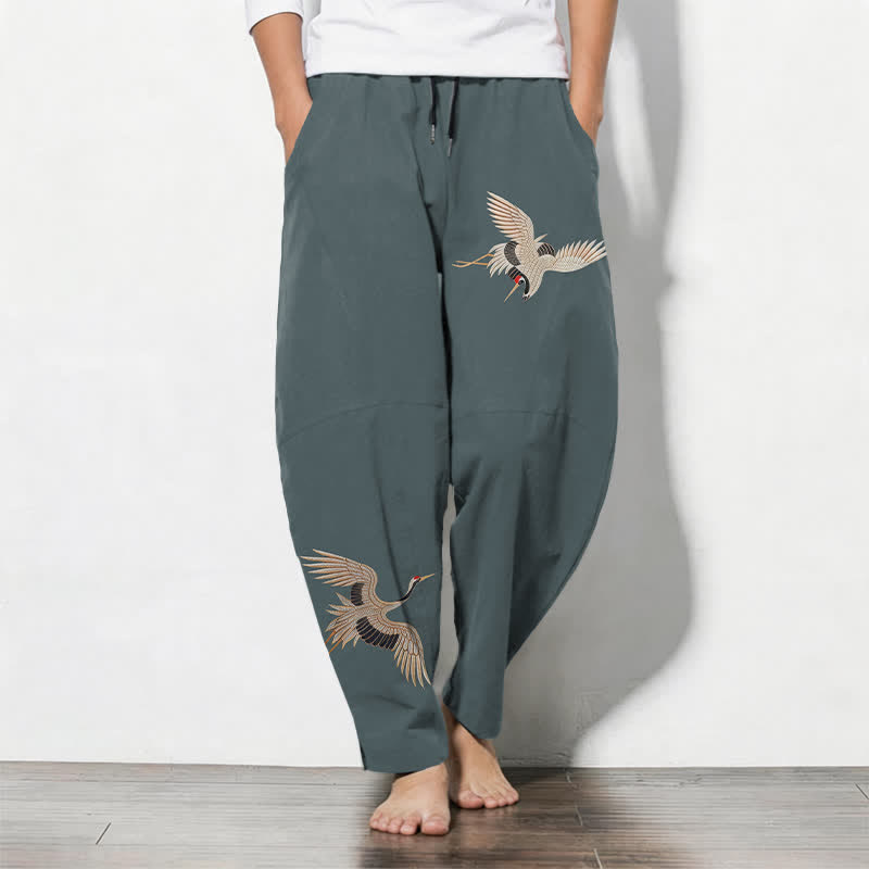 Buddha Stones Pure Cotton Twin Crane Pattern Drawstring Men's Tapered Pants With Pockets - CadetBlue - US/UK/AU50，EU60 (5XL) - image 7