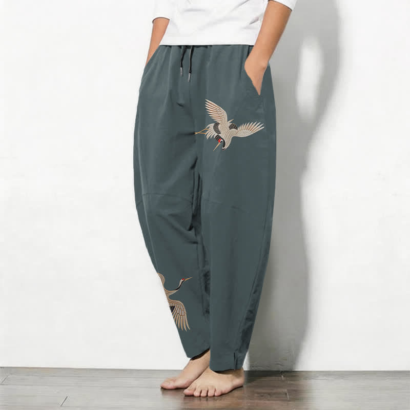 Buddha Stones Pure Cotton Twin Crane Pattern Drawstring Men's Tapered Pants With Pockets - image 8