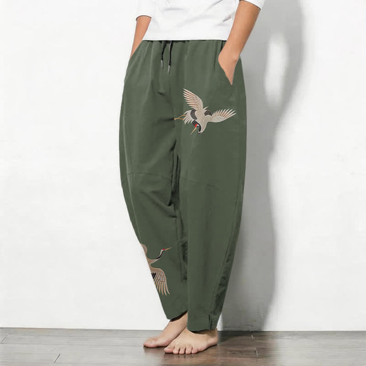 Buddha Stones Pure Cotton Twin Crane Pattern Drawstring Men's Tapered Pants With Pockets - image 12