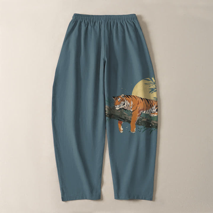 Buddha Stones Pure Cotton Reclining Tiger Moon Pattern Drawstring Men's Tapered Pants With Pockets - image 3