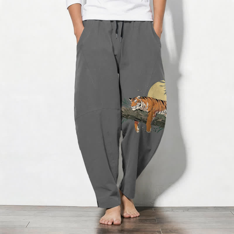 Buddha Stones Pure Cotton Reclining Tiger Moon Pattern Drawstring Men's Tapered Pants With Pockets - Gray - US/UK/AU50，EU60 (5XL) - image 11