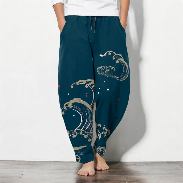 Buddha Stones Pure Cotton Ocean Tide Wave Pattern Drawstring Men's Tapered Pants With Pockets - Teal - US/UK/AU50，EU60 (5XL) - image 0
