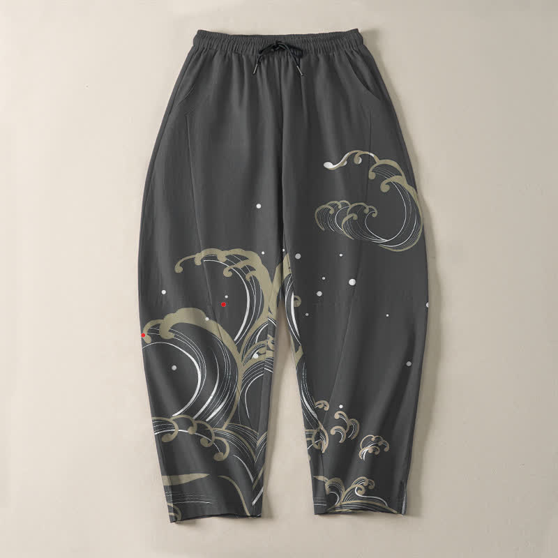 Buddha Stones Pure Cotton Ocean Tide Wave Pattern Drawstring Men's Tapered Pants With Pockets - image 9