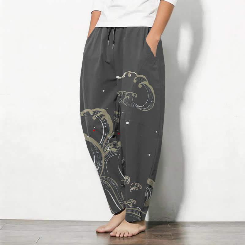 Buddha Stones Pure Cotton Ocean Tide Wave Pattern Drawstring Men's Tapered Pants With Pockets - image 8