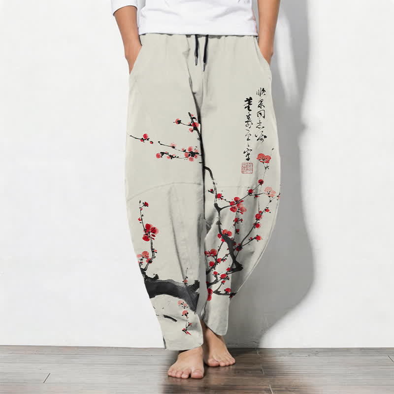 Buddha Stones Pure Cotton Calligraphy Plum Blossom Pattern Drawstring Men's Tapered Pants With Pockets - Beige - US/UK/AU50，EU60 (5XL) - image 0