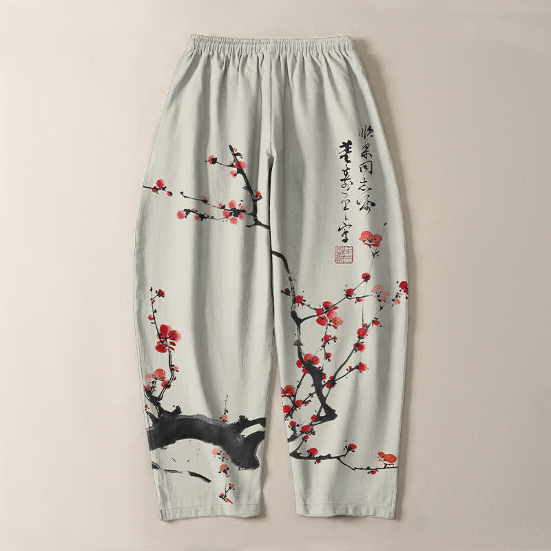 Buddha Stones Pure Cotton Calligraphy Plum Blossom Pattern Drawstring Men's Tapered Pants With Pockets - image 3