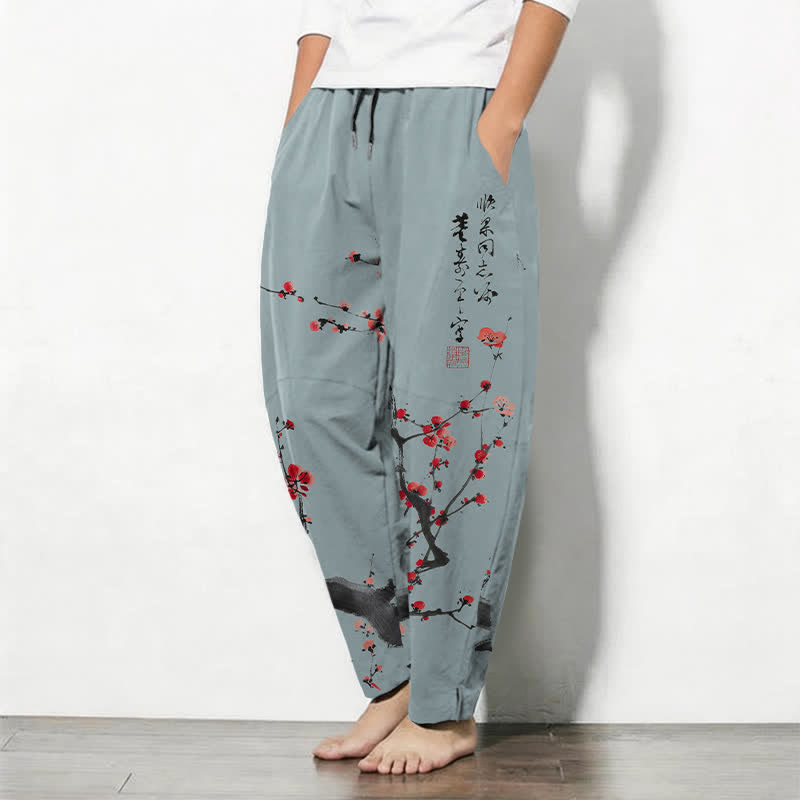 Buddha Stones Pure Cotton Calligraphy Plum Blossom Pattern Drawstring Men's Tapered Pants With Pockets - image 8