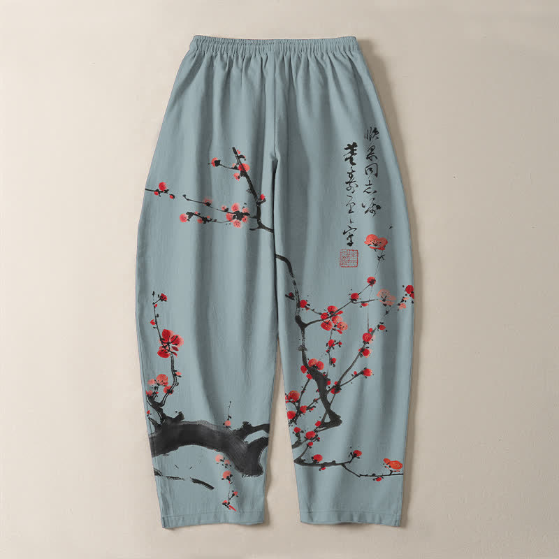Buddha Stones Pure Cotton Calligraphy Plum Blossom Pattern Drawstring Men's Tapered Pants With Pockets - image 10
