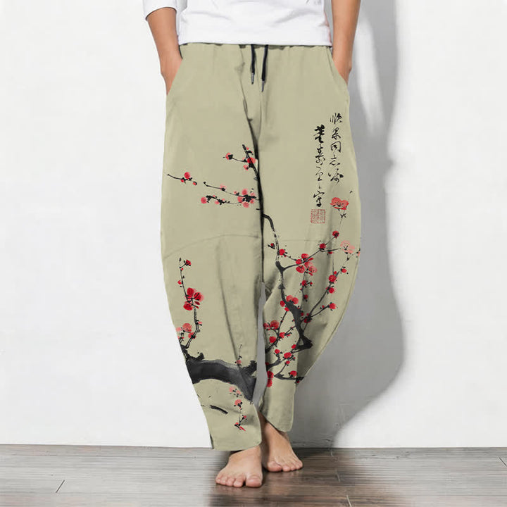 Buddha Stones Pure Cotton Calligraphy Plum Blossom Pattern Drawstring Men's Tapered Pants With Pockets - DarkKhaki - US/UK/AU50，EU60 (5XL) - image 11