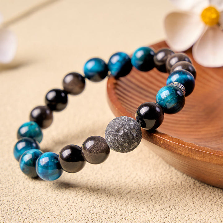 Buddha Stones Blue Tiger Eye Silver Sheen Obsidian Couple Positive Bracelet - 10mm - image 0