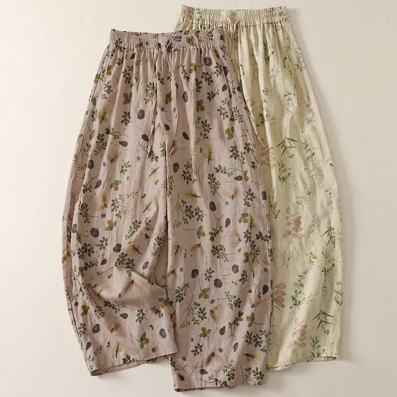 Buddha Stones Spring Summer Casual Boho Drawstring Floral Leaves Cropped Pants Women's Harem Pants With Pockets - image 11