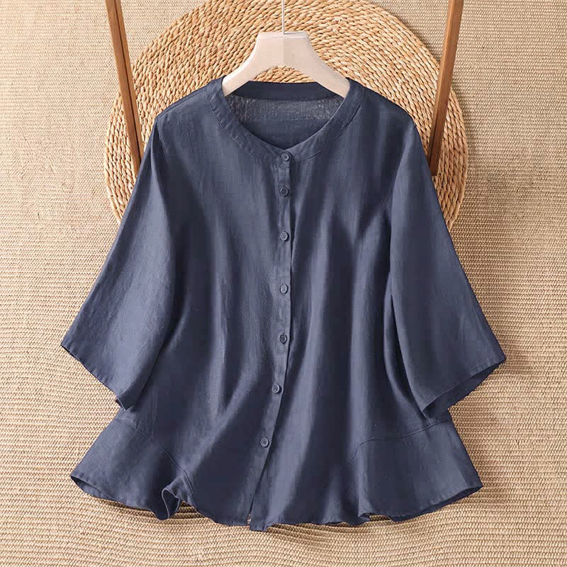 Buddha Stones Summer Casual Minimalist Button-Up Solid Women's Elbow-Length Sleeve Shirts - MidnightBlue - US8-10, UK/AU12-14, EU40-42 (2XL) - image 3