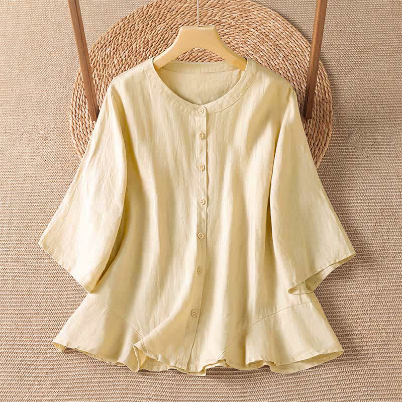 Buddha Stones Summer Casual Minimalist Button-Up Solid Women's Elbow-Length Sleeve Shirts - Beige - US8-10, UK/AU12-14, EU40-42 (2XL) - image 6