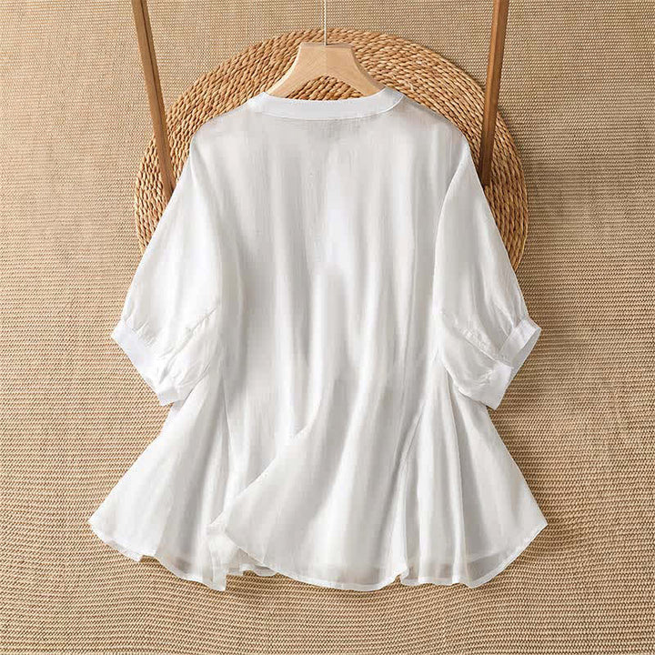 Buddha Stones Summer Casual Boho Button-Up Drawstring Solid Flared Hem Women's Short Sleeve Shirts - image 8