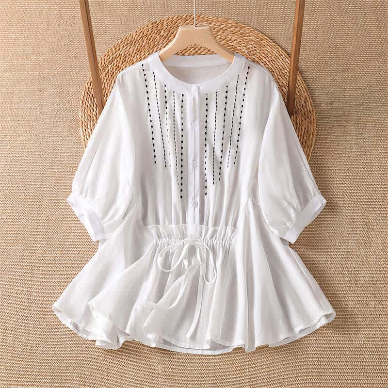 Buddha Stones Summer Casual Boho Button-Up Drawstring Solid Flared Hem Women's Short Sleeve Shirts - White - US8-10, UK/AU12-14, EU40-42 (2XL) - image 7