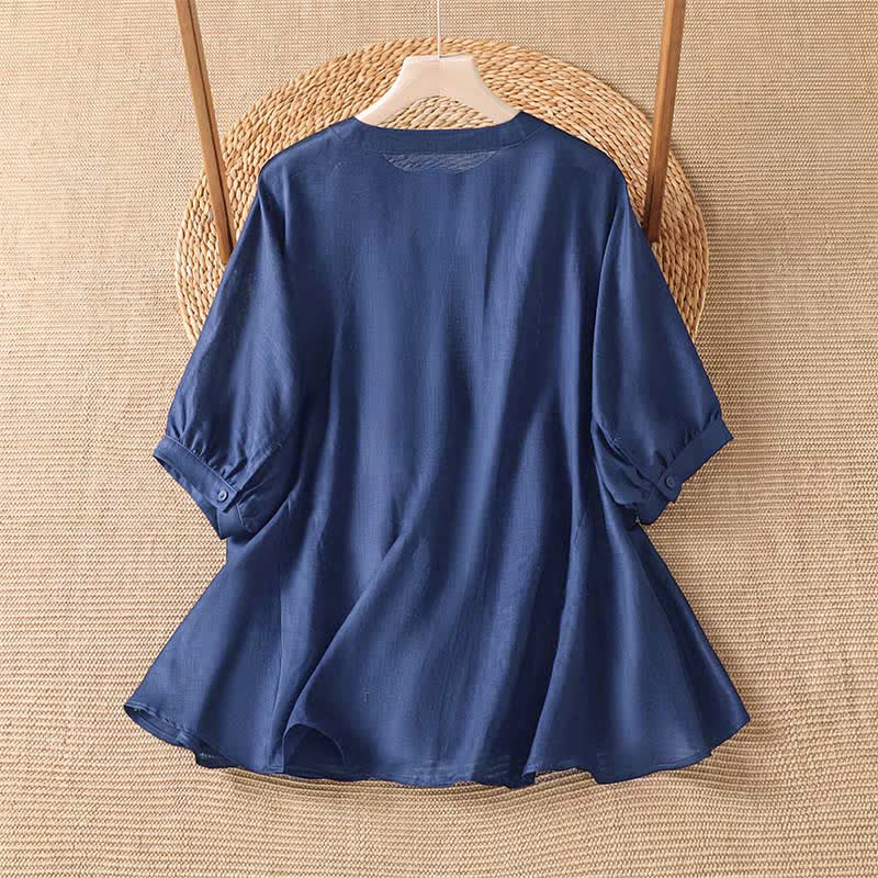 Buddha Stones Summer Casual Boho Button-Up Drawstring Solid Flared Hem Women's Short Sleeve Shirts - image 1
