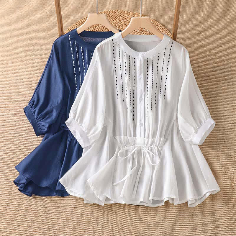 Buddha Stones Summer Casual Boho Button-Up Drawstring Solid Flared Hem Women's Short Sleeve Shirts - image 12